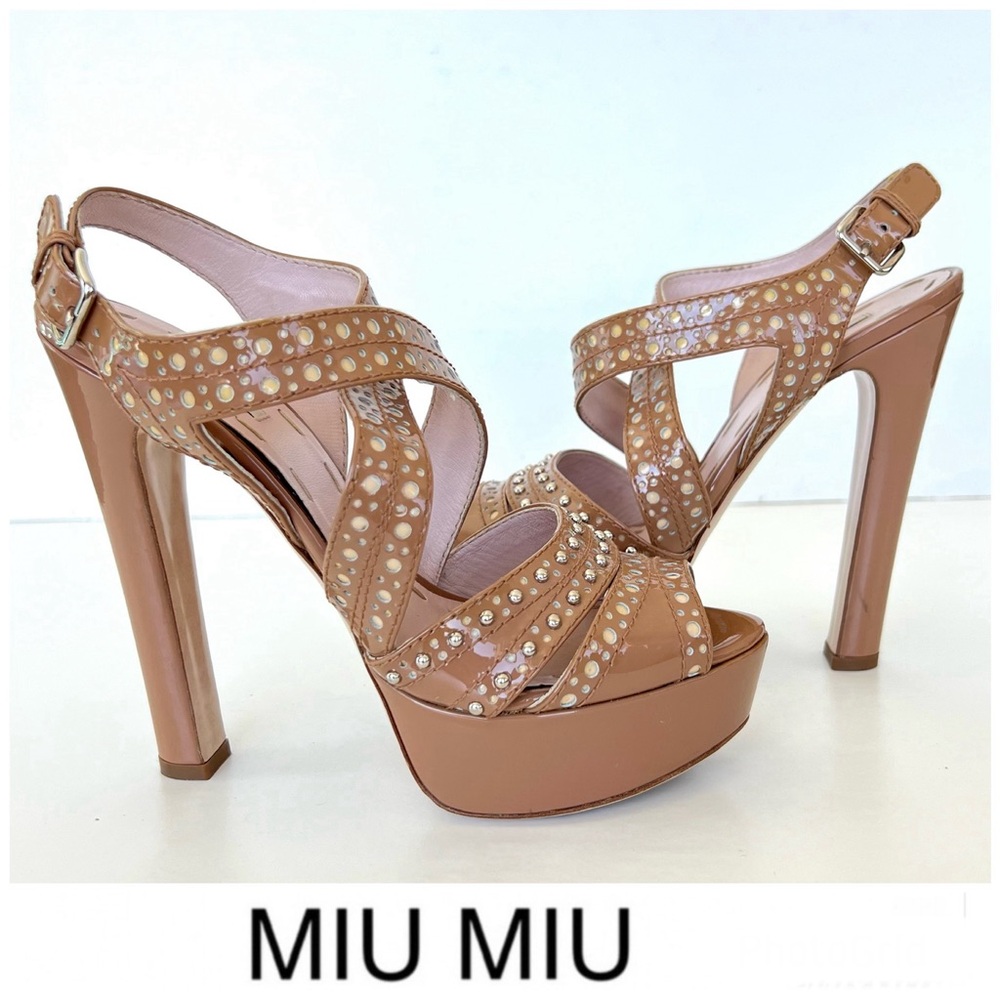 Miu Miu Patent Leather Eyelet Studded Trim Slingb… - image 1